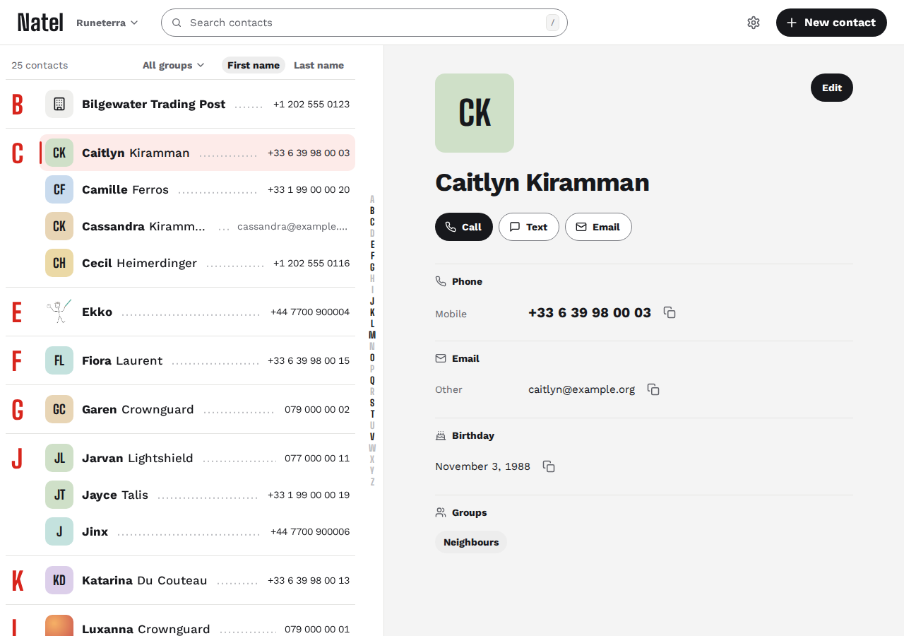 Natel on a desktop screen: the contact list grouped by letter on the left, with a phone number or email on each row, and Caitlyn Kiramman's page on the right, with Call, Text and Email buttons, her phone, email, birthday and group.