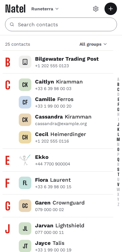 The contact list on a phone: contacts grouped under red letters, each with a phone number or email address.